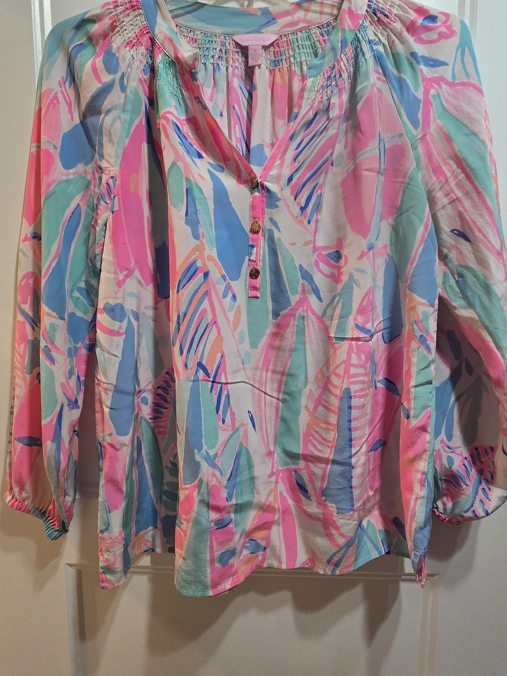 Lilly Pulitzer Pink, Aqua & Blue Printed Elsa Silk Blouse Size M